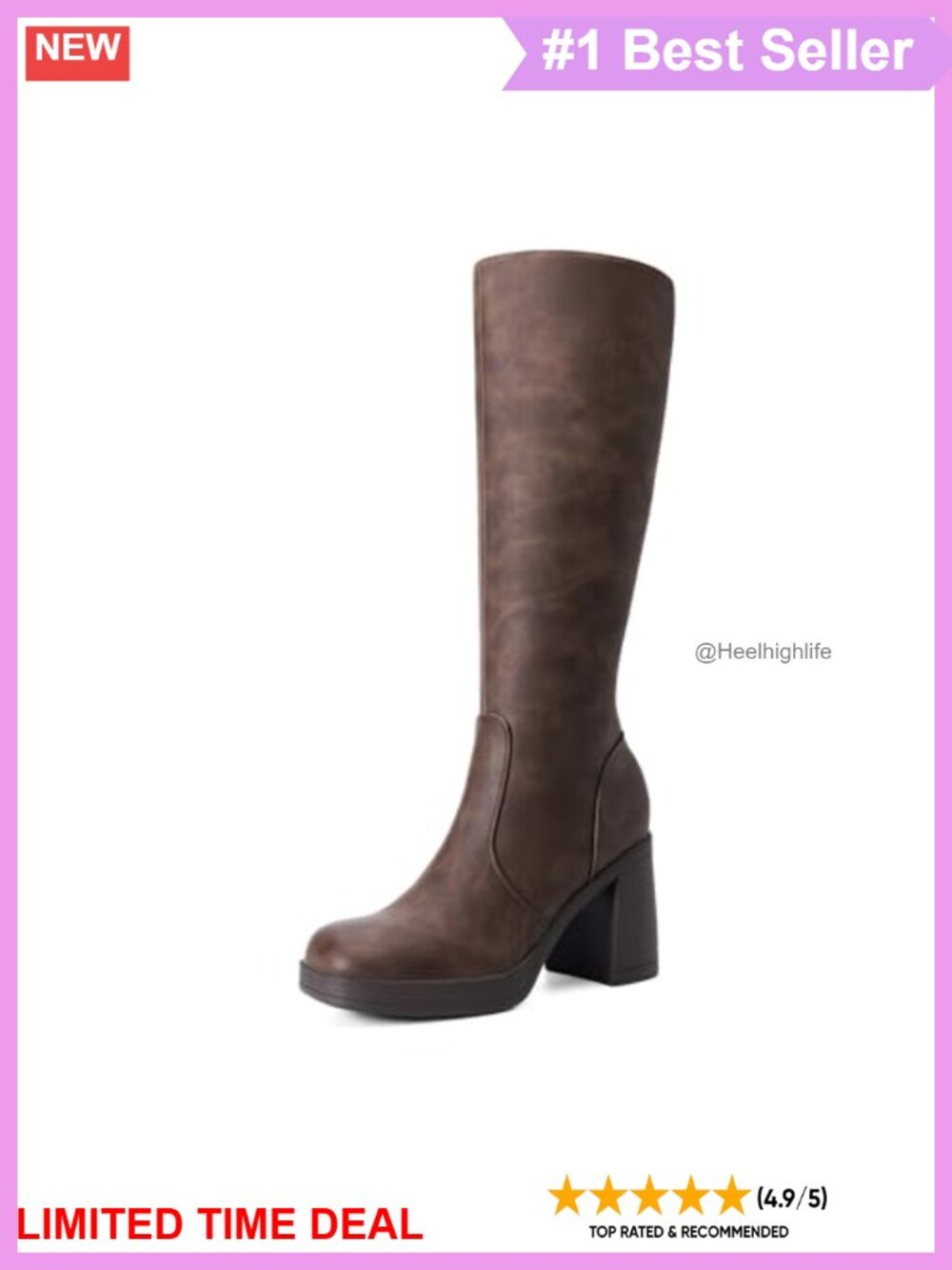Women's Knee High Platform Heel Boots Faux Leather Zip